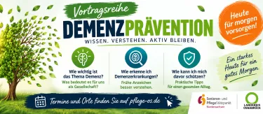 Plakat zur Vortragsreihe Demenzprävention mit Informationen zu gesellschaftlicher Bedeutung, Erkennungsmerkmalen und Möglichkeiten der Vorbeugung von Demenzerkrankungen.